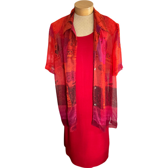 K Woman's 2-Piece 20W Red Dress Set Vintage Sheer Overlay Blouse Made in USA - Picture 1 of 16